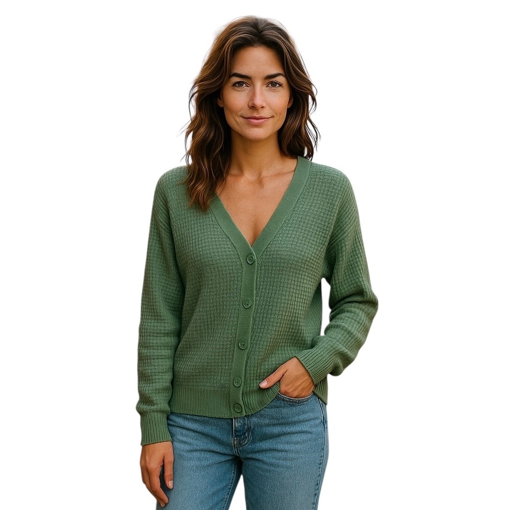 Qualfort Women's XL Green Button Front Cardigan Sweater 100% Cotton Knit V-
Neck